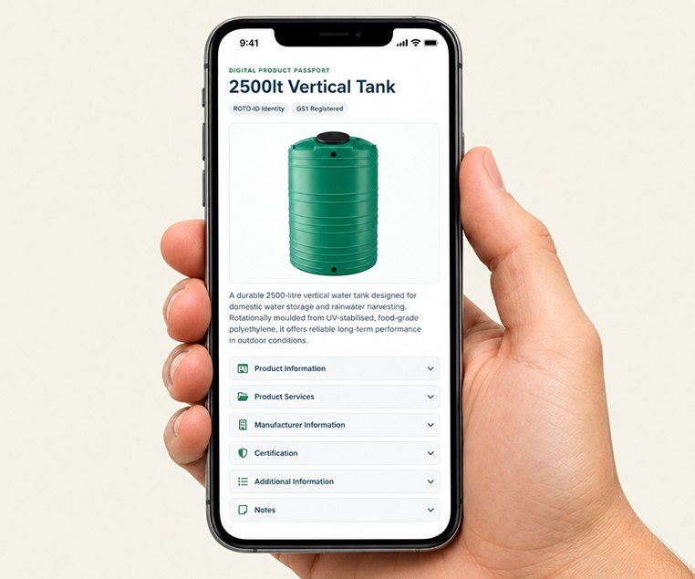A hand holding a phone showing a water tank's Digital Product Passport.