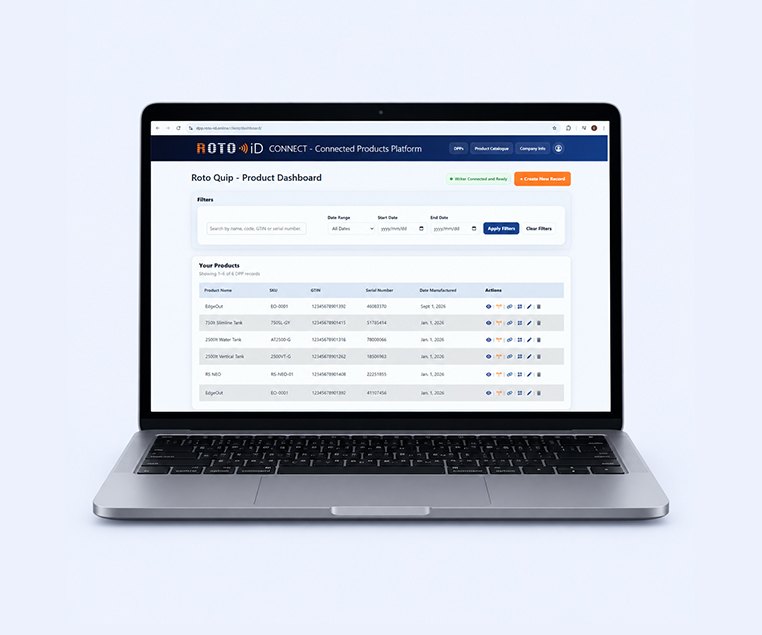 The ROTO-iD Connect product dashboard shown on a laptop.