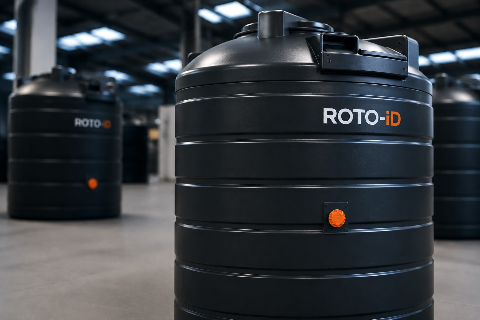ROTO-iD tagged water storage tanks in a warehouse.
