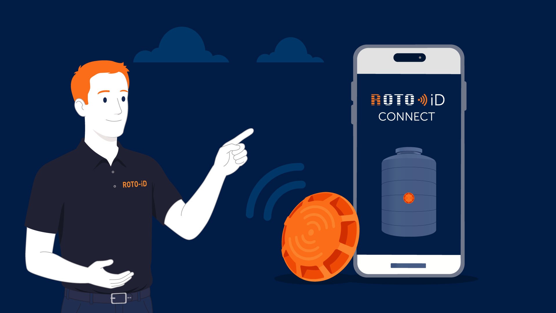A ROTO-iD tagged water tank alongside a phone showing the product's Digital Product Passport.
